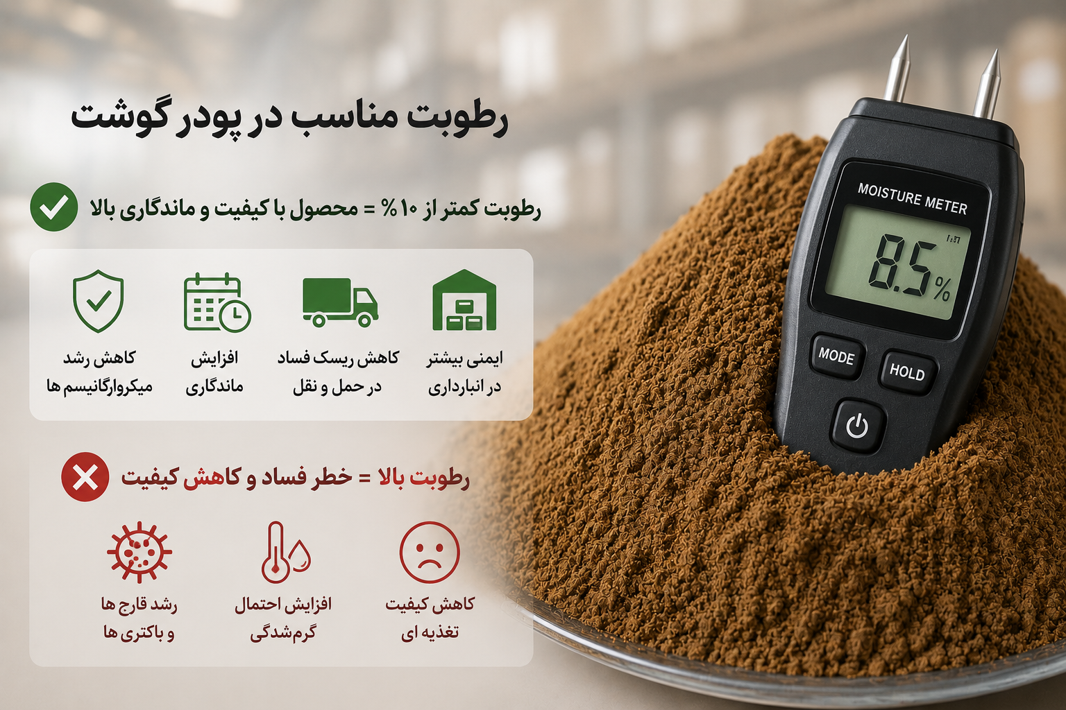 رطوبت مناسب در پودر گوشت از مهم ترین شاخص های خرید پودر گوشت