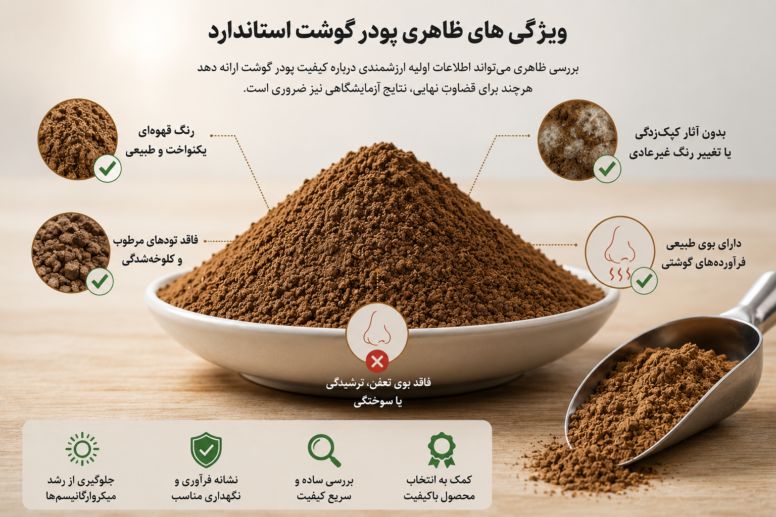ویژگی های ظاهری پودر گوشت استاندارد